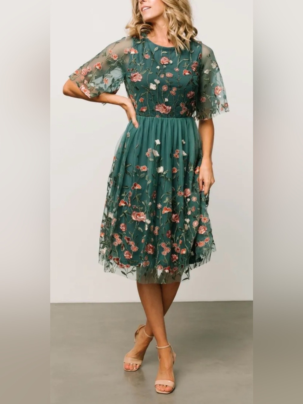 Baltic Born Teal Embroidered Floral Tulle Dress - Picture 8 of 9